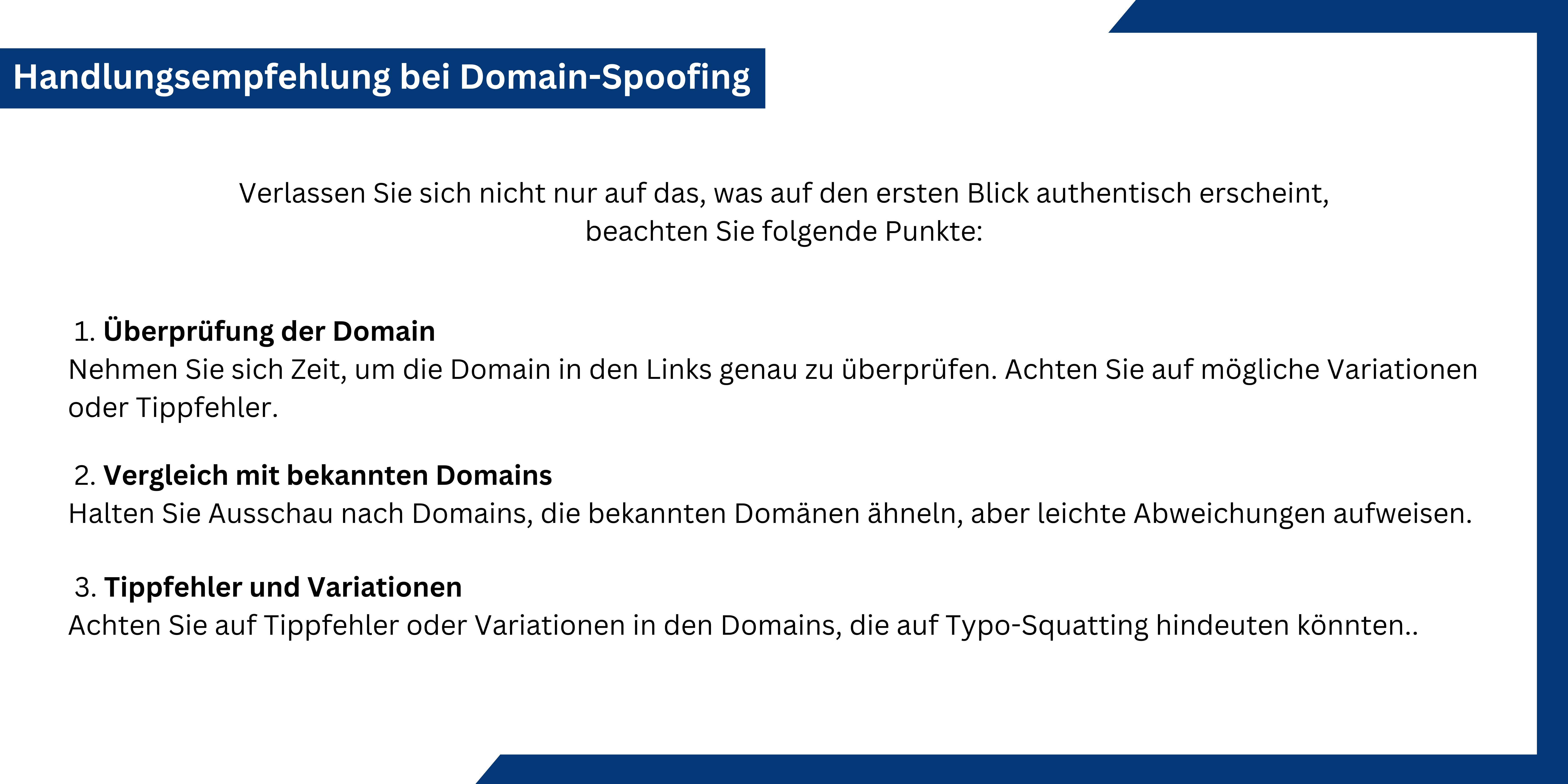 Ein Bild, welches die 3 Empfehlungen Überprüfung der Domain, Vergleich mit bekannten Domains und Tippfehler beschreibt.