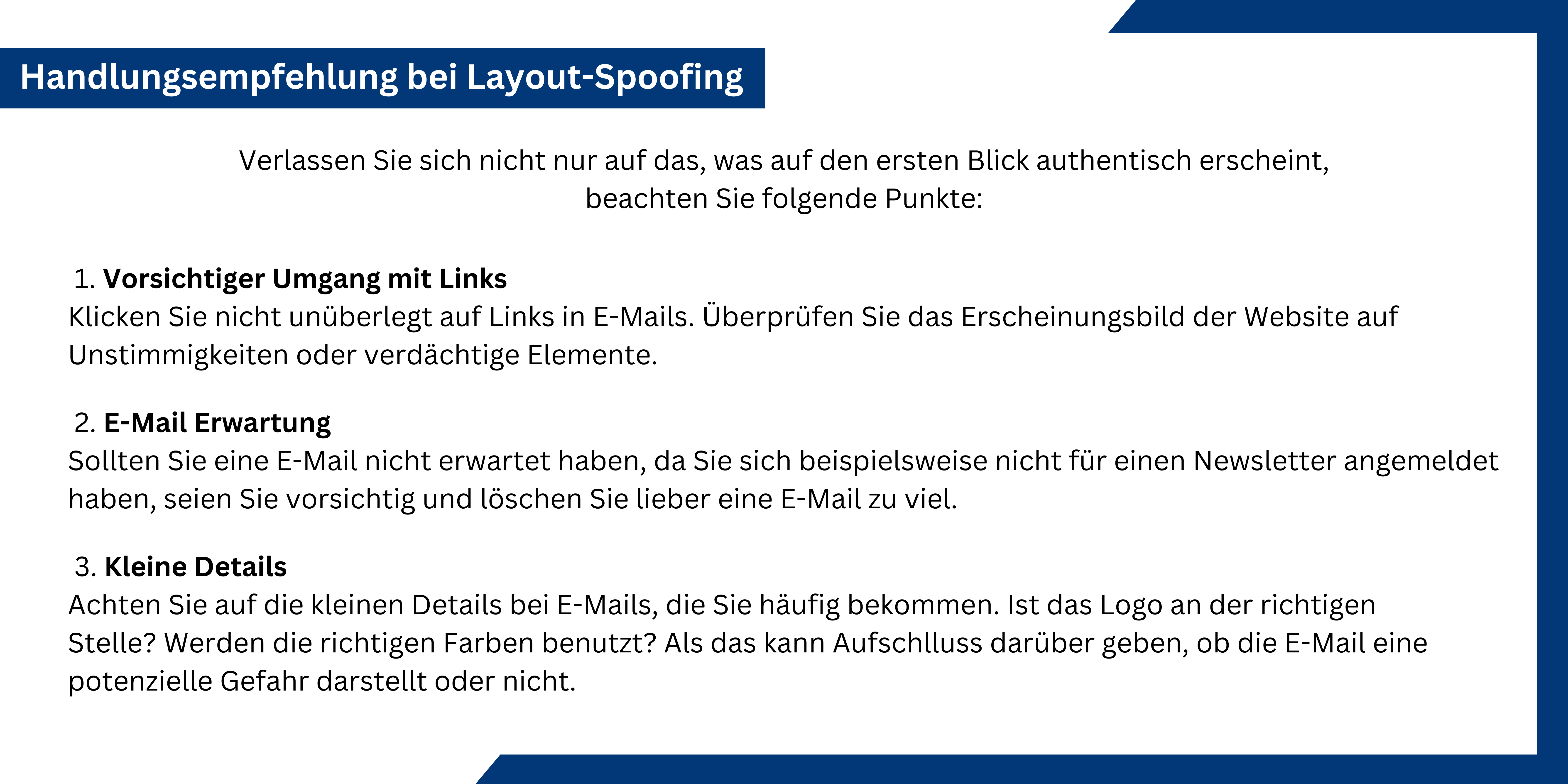 Beschreibung der Handlungsempfehlungen: "Vorsichtiger Umgang mit Links", "E-Mail-Erwartung" und "Kleine Details"