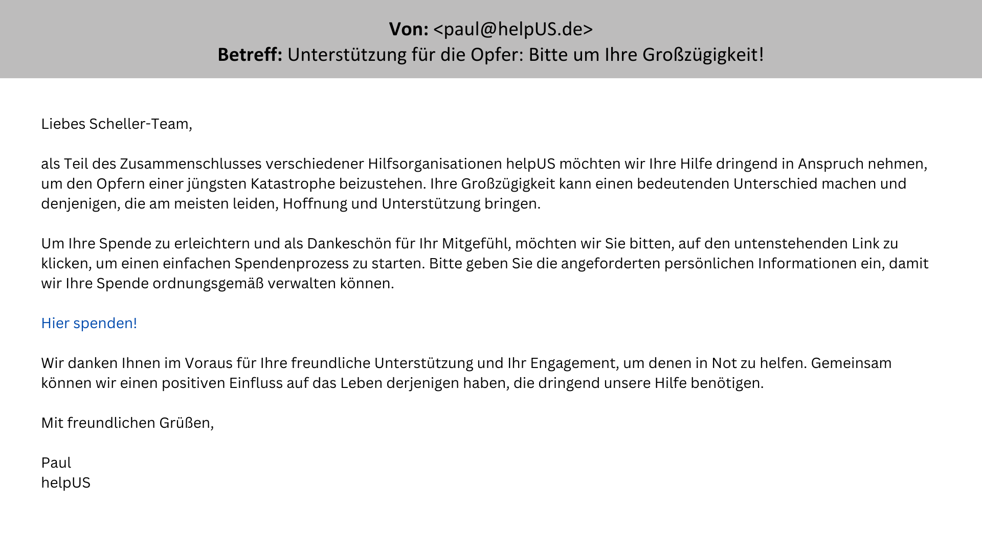 Beispiel für Reziprozität: Eine Wohltätigkeitsorganisation fragt um finanzielle Unterstützung